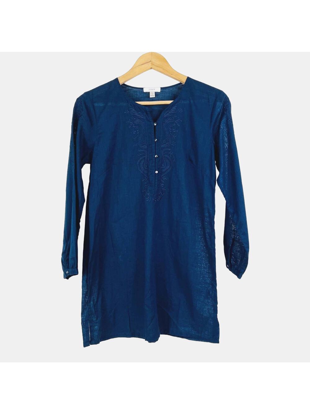 J Crew Size XS Linen Tunic Embroidered Henley Tunic Navy Blue